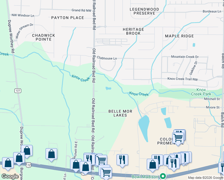 map of restaurants, bars, coffee shops, grocery stores, and more near 951 Old Railroad Bed Road in Madison
