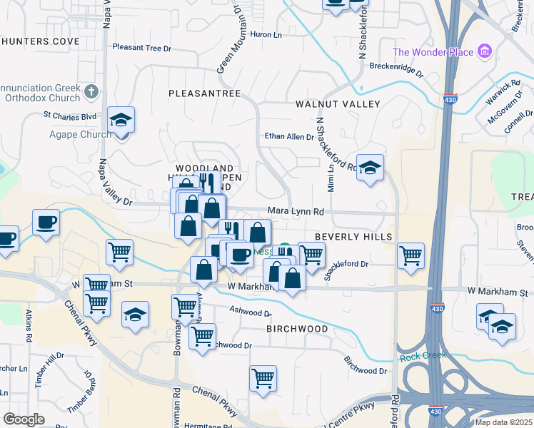 map of restaurants, bars, coffee shops, grocery stores, and more near 11505 Mara Lynn Road in Little Rock