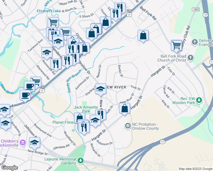 map of restaurants, bars, coffee shops, grocery stores, and more near 402 New River Drive in Jacksonville