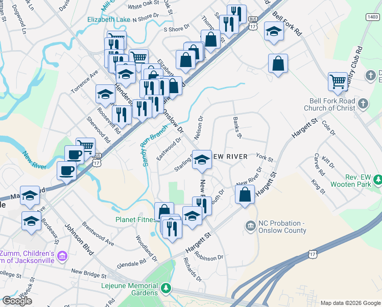 map of restaurants, bars, coffee shops, grocery stores, and more near 339 Starling Street in Jacksonville