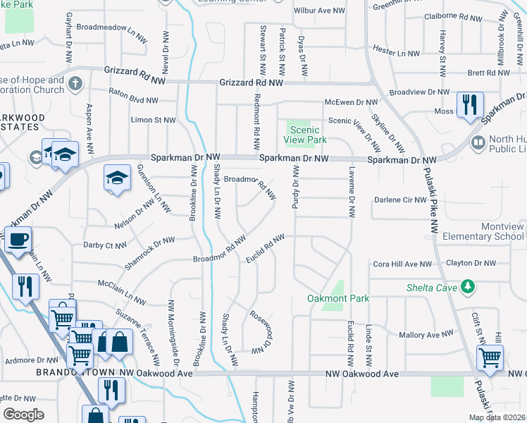 map of restaurants, bars, coffee shops, grocery stores, and more near 2206 Glen Iris Circle Northwest in Huntsville