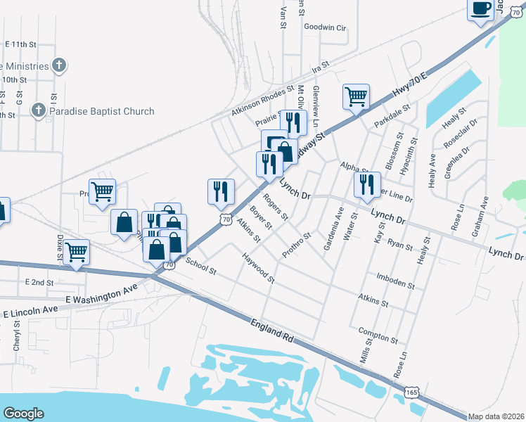 map of restaurants, bars, coffee shops, grocery stores, and more near 4404 Rogers Street in North Little Rock
