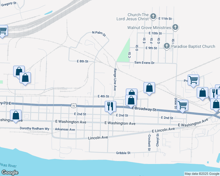 map of restaurants, bars, coffee shops, grocery stores, and more near 55 Mulberry Street in North Little Rock