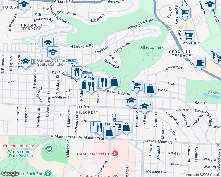 map of restaurants, bars, coffee shops, grocery stores, and more near 708 Rose Street in Little Rock