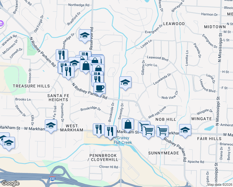 map of restaurants, bars, coffee shops, grocery stores, and more near 601 Brookside Drive in Little Rock