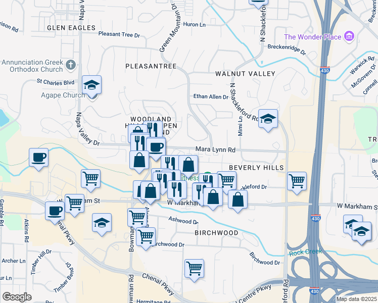 map of restaurants, bars, coffee shops, grocery stores, and more near 11505 Mara Lynn Road in Little Rock