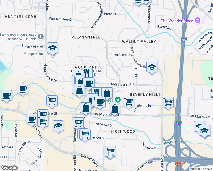 map of restaurants, bars, coffee shops, grocery stores, and more near 11600 Mara Lynn Road in Little Rock