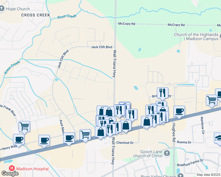 map of restaurants, bars, coffee shops, grocery stores, and more near 6046 Wall Triana Highway in Madison