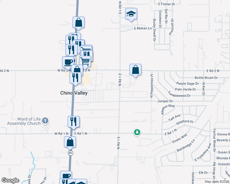 map of restaurants, bars, coffee shops, grocery stores, and more near 980-998 N Road 1 East in Chino Valley