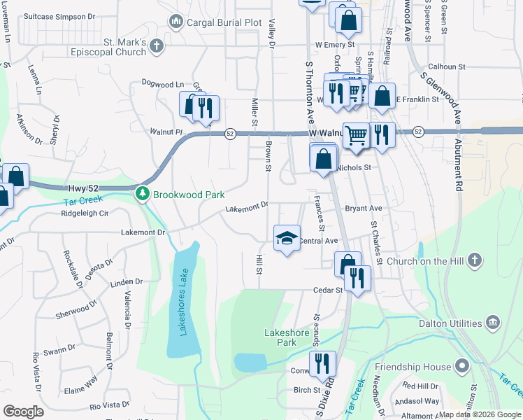 map of restaurants, bars, coffee shops, grocery stores, and more near 604 Lakemont Drive in Dalton