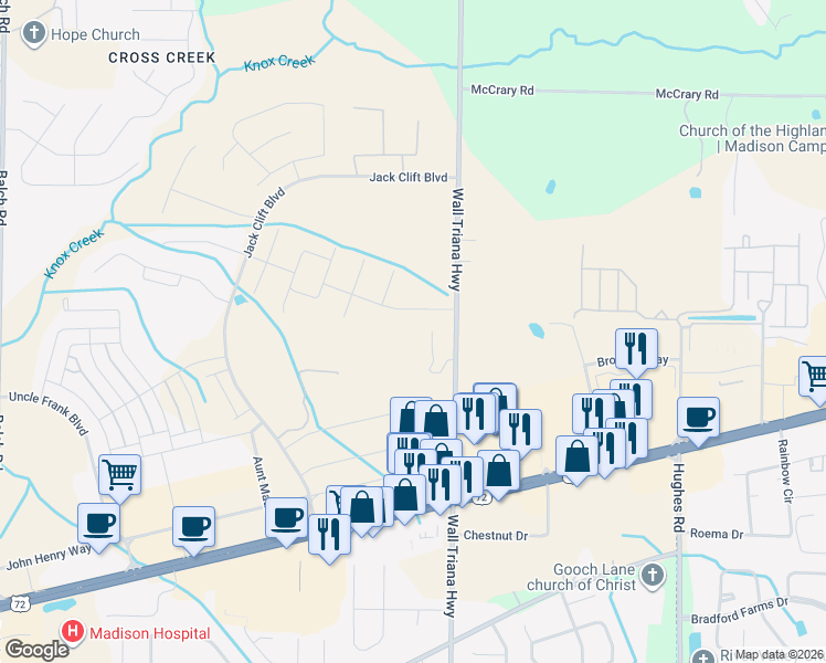 map of restaurants, bars, coffee shops, grocery stores, and more near 6024 Wall Triana Highway in Madison