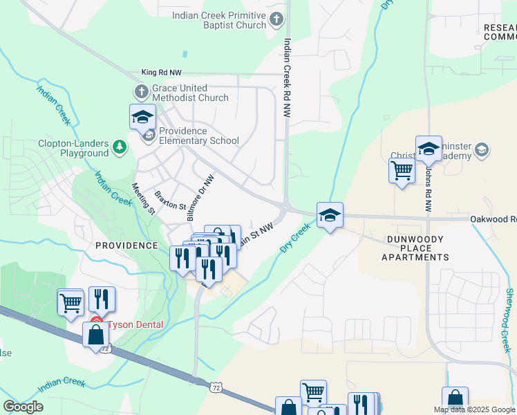 map of restaurants, bars, coffee shops, grocery stores, and more near 685 Providence Main Street Northwest in Huntsville