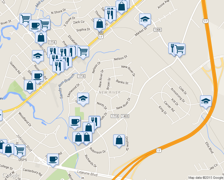 map of restaurants, bars, coffee shops, grocery stores, and more near 104 Bryan Court in Jacksonville