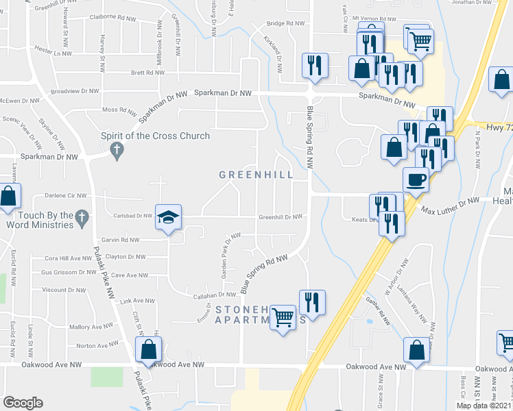 map of restaurants, bars, coffee shops, grocery stores, and more near 2605 Thornhill Road Northwest in Huntsville