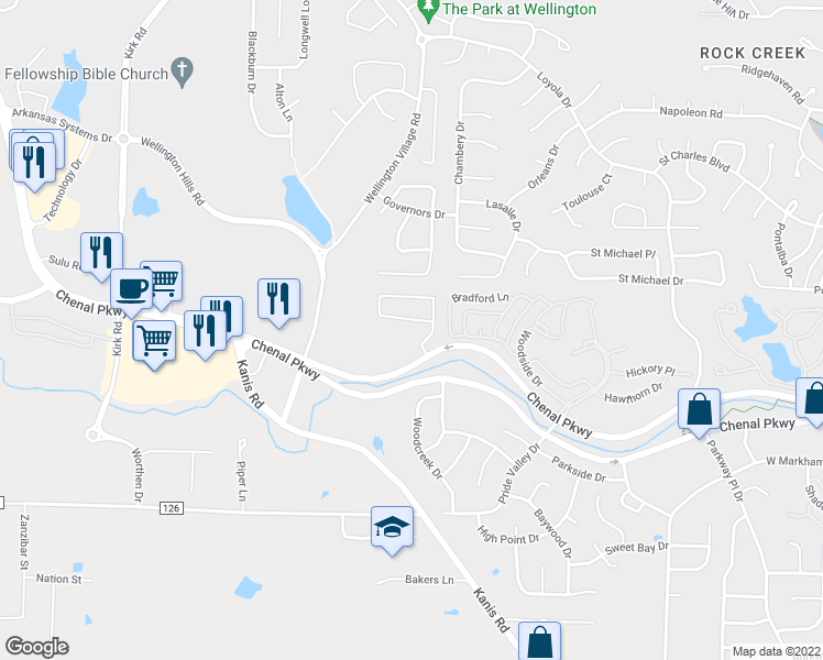 map of restaurants, bars, coffee shops, grocery stores, and more near 15000 Chenal Parkway in Little Rock