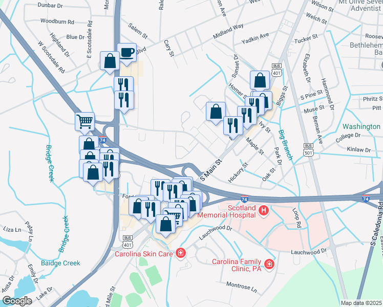 map of restaurants, bars, coffee shops, grocery stores, and more near 1503 Plaza Terrace East in Laurinburg