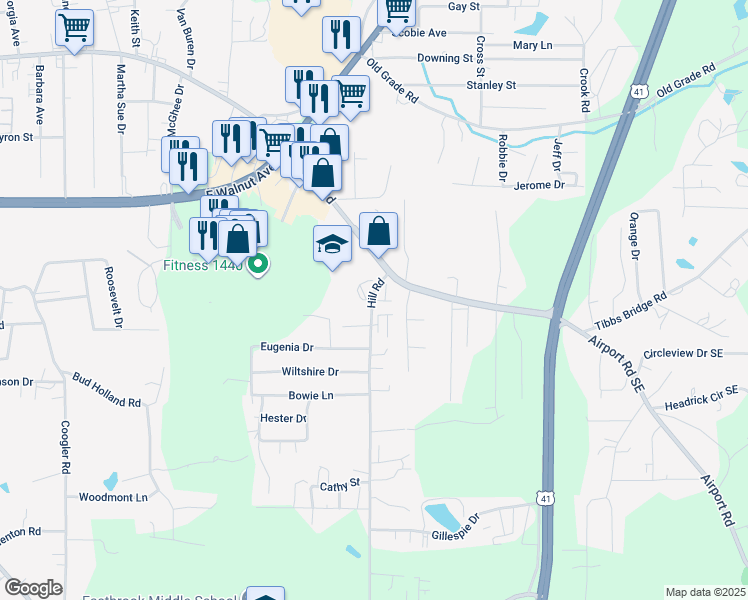 map of restaurants, bars, coffee shops, grocery stores, and more near 125-223 Hill Road in Dalton