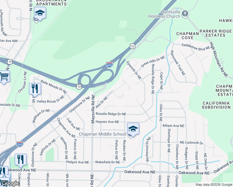 map of restaurants, bars, coffee shops, grocery stores, and more near 1720 Alm Drive Northeast in Huntsville
