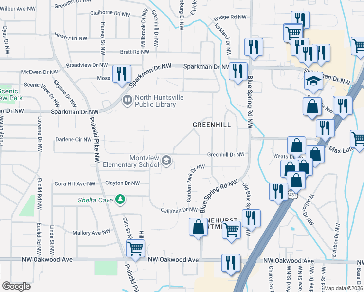 map of restaurants, bars, coffee shops, grocery stores, and more near 2728 Monticello Drive Northwest in Huntsville