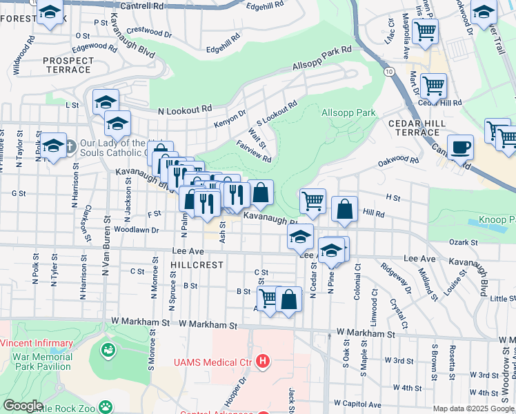 map of restaurants, bars, coffee shops, grocery stores, and more near 708 Rose Street in Little Rock