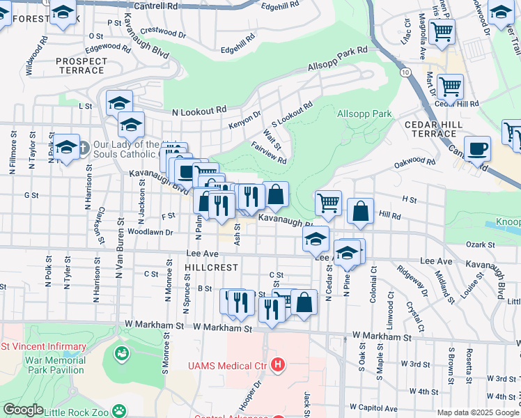 map of restaurants, bars, coffee shops, grocery stores, and more near 714 Walnut Street in Little Rock