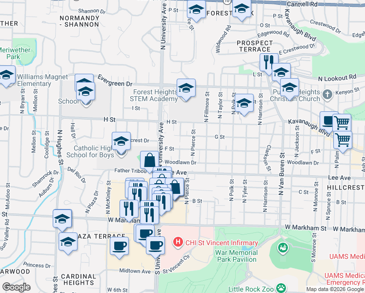map of restaurants, bars, coffee shops, grocery stores, and more near 708 North Pierce Street in Little Rock
