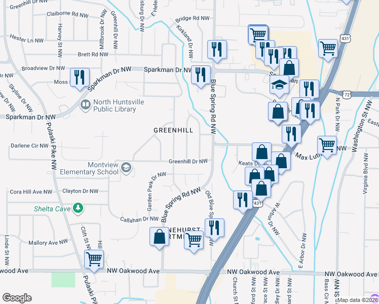 map of restaurants, bars, coffee shops, grocery stores, and more near 2604 Rockwell Road Northwest in Huntsville