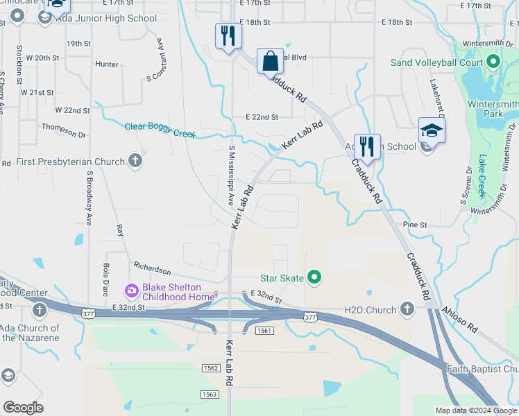 map of restaurants, bars, coffee shops, grocery stores, and more near 801 Cypress Drive in Ada
