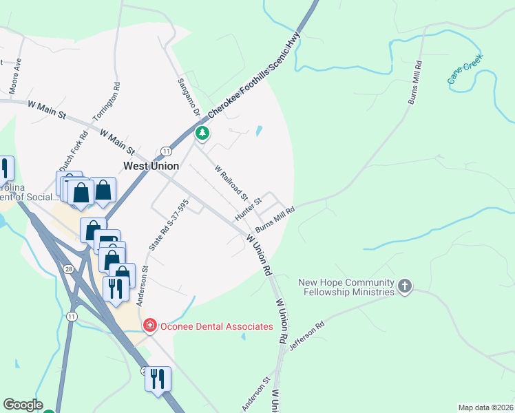 map of restaurants, bars, coffee shops, grocery stores, and more near 402 Hunter Street in West Union