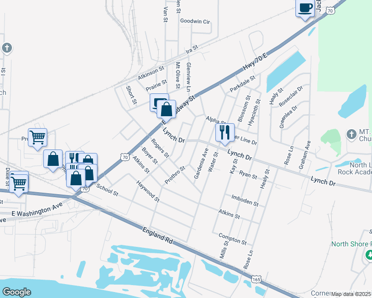 map of restaurants, bars, coffee shops, grocery stores, and more near 516 Gordon Street in North Little Rock