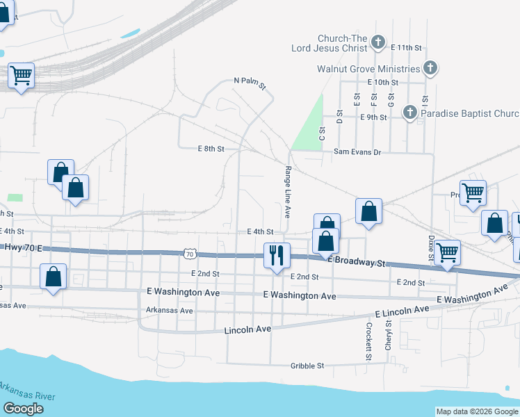 map of restaurants, bars, coffee shops, grocery stores, and more near 55 Mulberry Street in North Little Rock