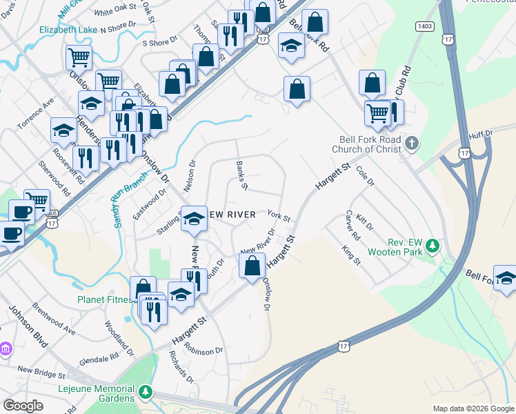 map of restaurants, bars, coffee shops, grocery stores, and more near 204 York Street in Jacksonville