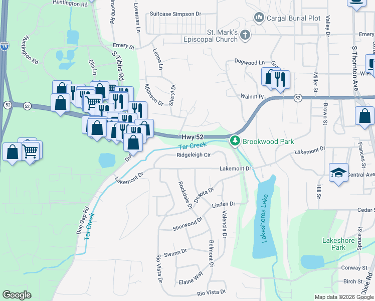 map of restaurants, bars, coffee shops, grocery stores, and more near 1120 Ridgeleigh Circle in Dalton