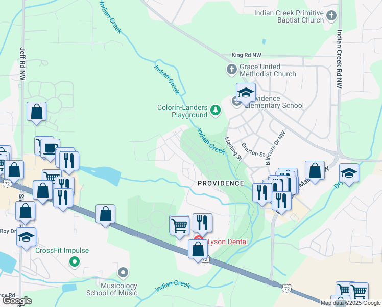 map of restaurants, bars, coffee shops, grocery stores, and more near 83 Hillcrest Avenue Northwest in Huntsville