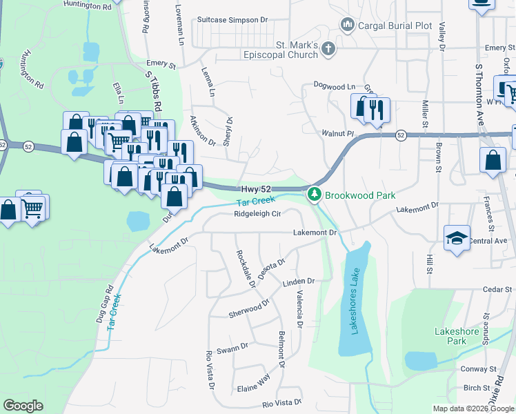 map of restaurants, bars, coffee shops, grocery stores, and more near 1120 Ridgeleigh Circle in Dalton