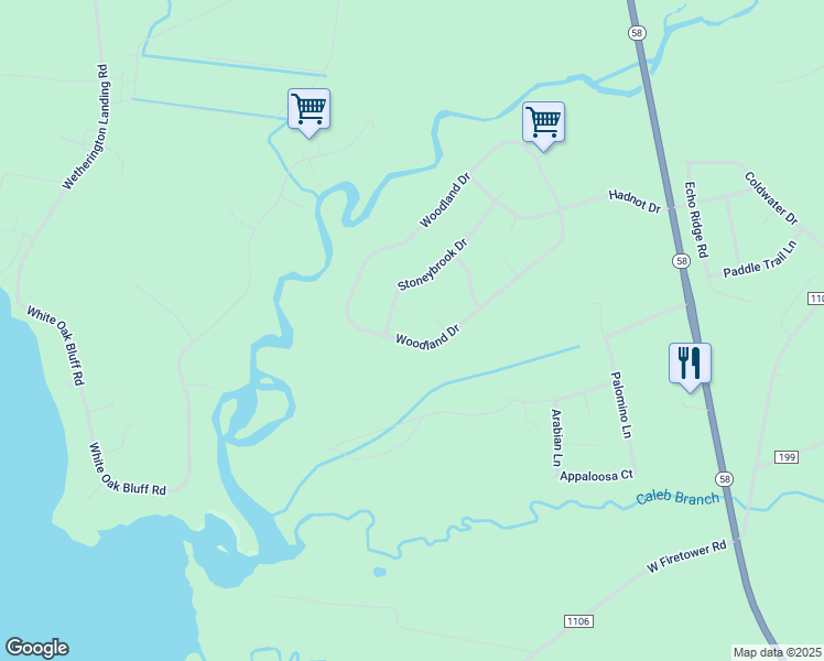 map of restaurants, bars, coffee shops, grocery stores, and more near 445 Woodland Drive in Swansboro