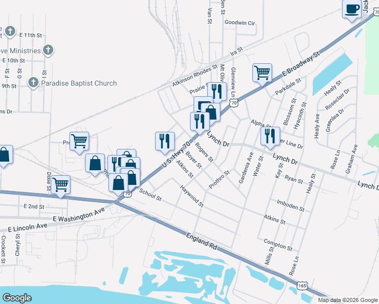 map of restaurants, bars, coffee shops, grocery stores, and more near 4404 Rogers Street in North Little Rock