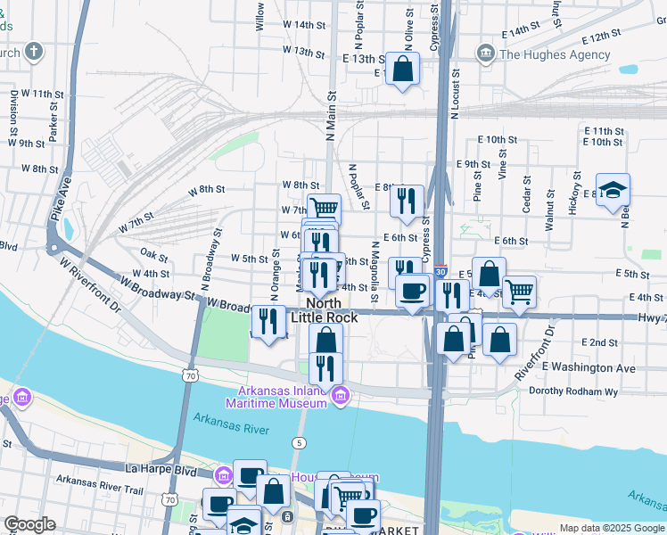 map of restaurants, bars, coffee shops, grocery stores, and more near in North Little Rock
