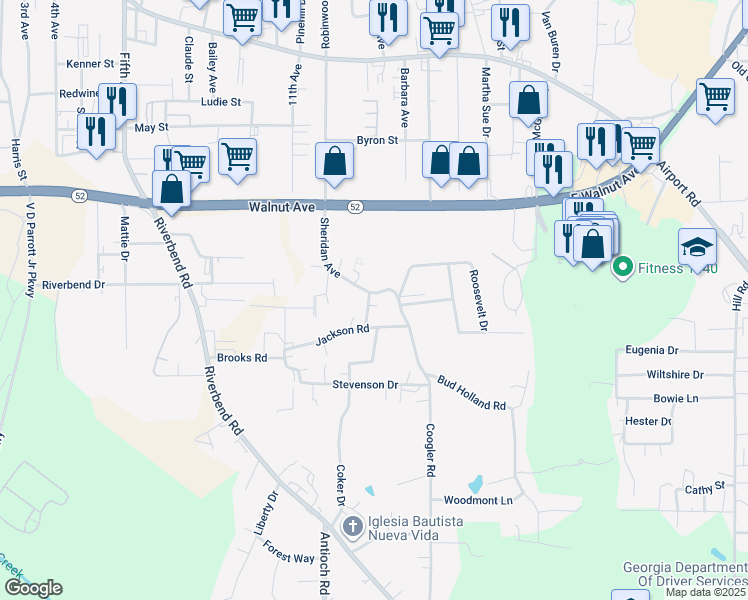 map of restaurants, bars, coffee shops, grocery stores, and more near 800 Sheridan Avenue in Dalton