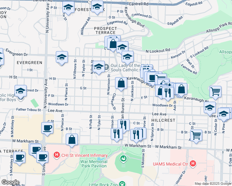 map of restaurants, bars, coffee shops, grocery stores, and more near 5122 F Street in Little Rock
