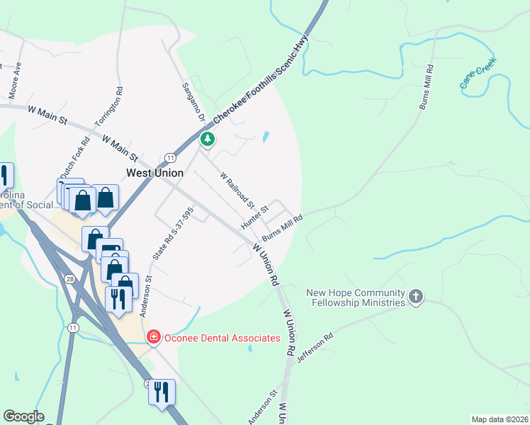 map of restaurants, bars, coffee shops, grocery stores, and more near 402 Hunter Street in West Union