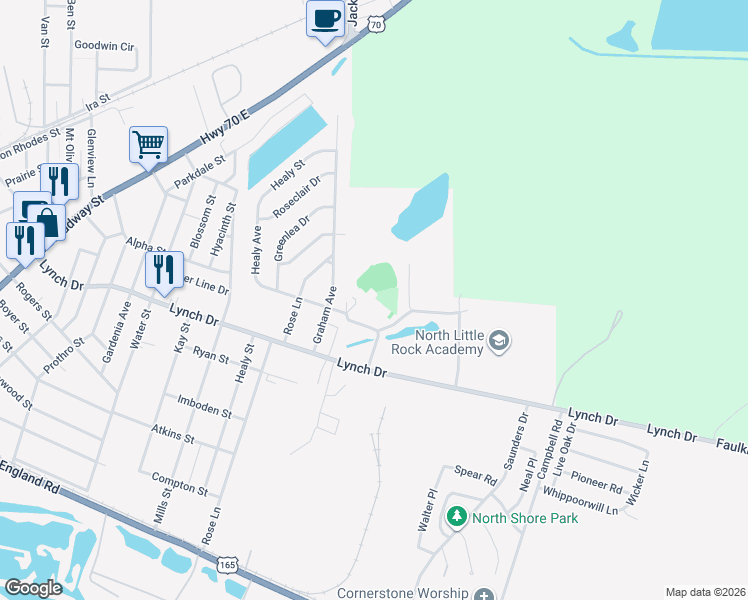 map of restaurants, bars, coffee shops, grocery stores, and more near 5800 Alpha Street in North Little Rock