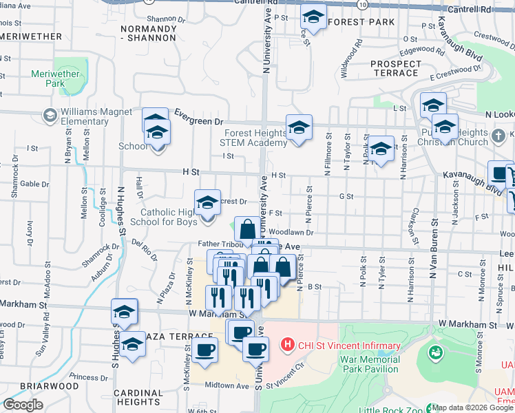map of restaurants, bars, coffee shops, grocery stores, and more near 6103 Ridgecrest Drive in Little Rock