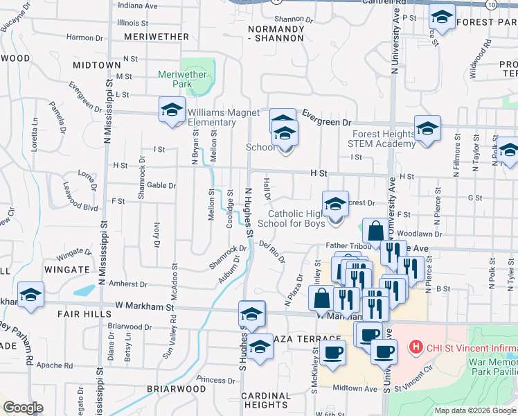 map of restaurants, bars, coffee shops, grocery stores, and more near 3 Pleasant Place Circle in Little Rock