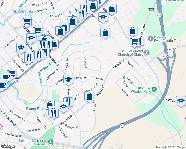 map of restaurants, bars, coffee shops, grocery stores, and more near 204 York Street in Jacksonville