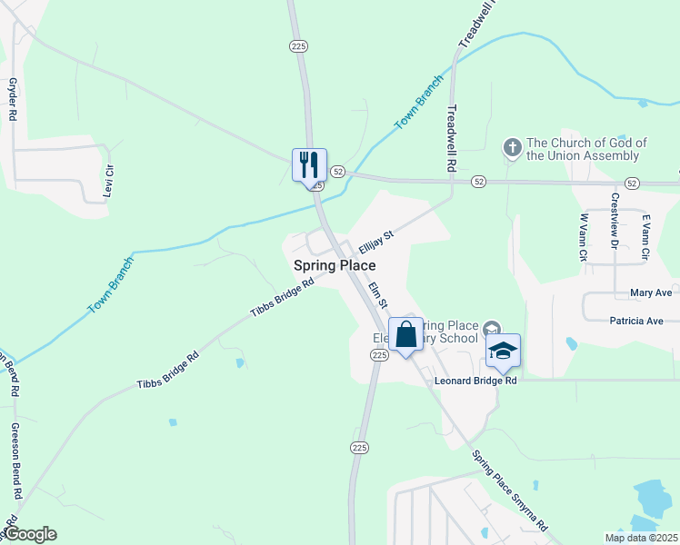 map of restaurants, bars, coffee shops, grocery stores, and more near 285 Georgia 225 in Chatsworth