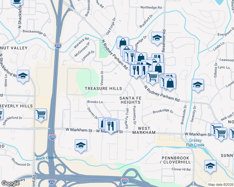 map of restaurants, bars, coffee shops, grocery stores, and more near 9710 Treasure Hill Road in Little Rock