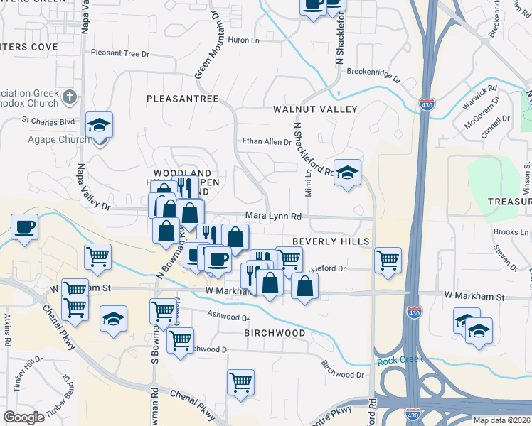 map of restaurants, bars, coffee shops, grocery stores, and more near 516 Green Mountain Drive in Little Rock