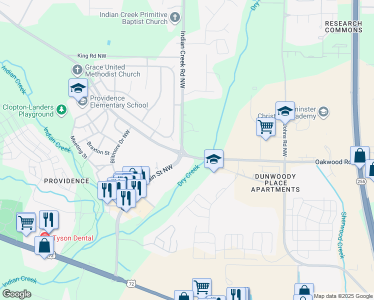 map of restaurants, bars, coffee shops, grocery stores, and more near 149 Indian Creek Road Northwest in Huntsville