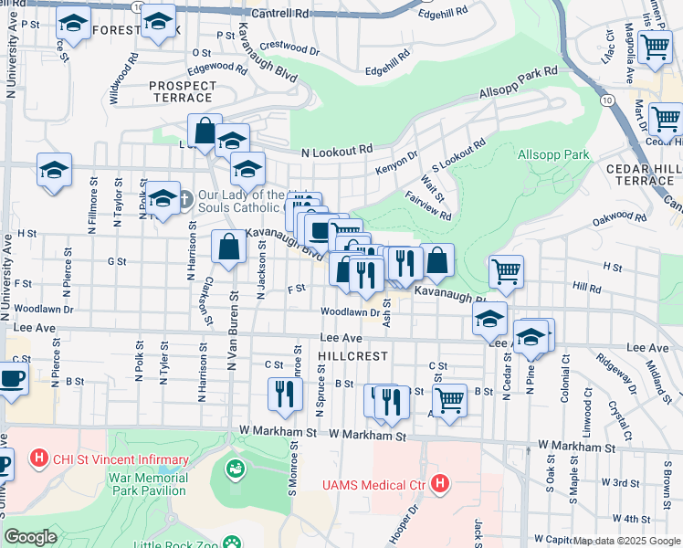 map of restaurants, bars, coffee shops, grocery stores, and more near 2821 Kavanaugh Boulevard in Little Rock
